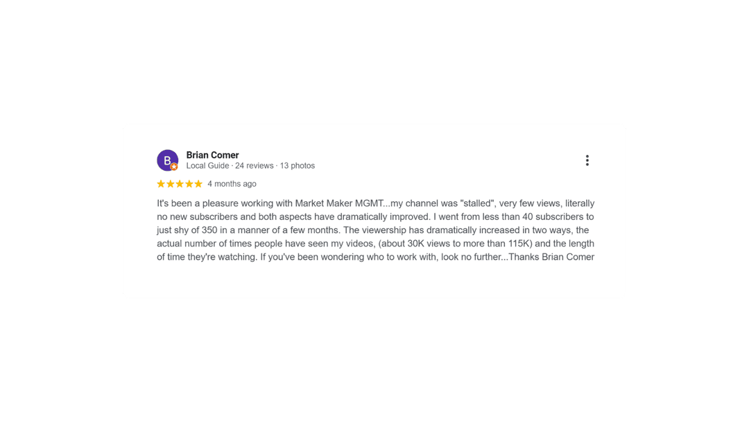 5-star Google review from Market Maker MGMT client 4